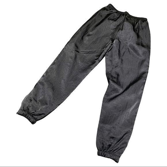 Vintage 90s Joggers Black Satin Windbreaker Track Drawstring Pant Athleisure L - Picture 2 of 9